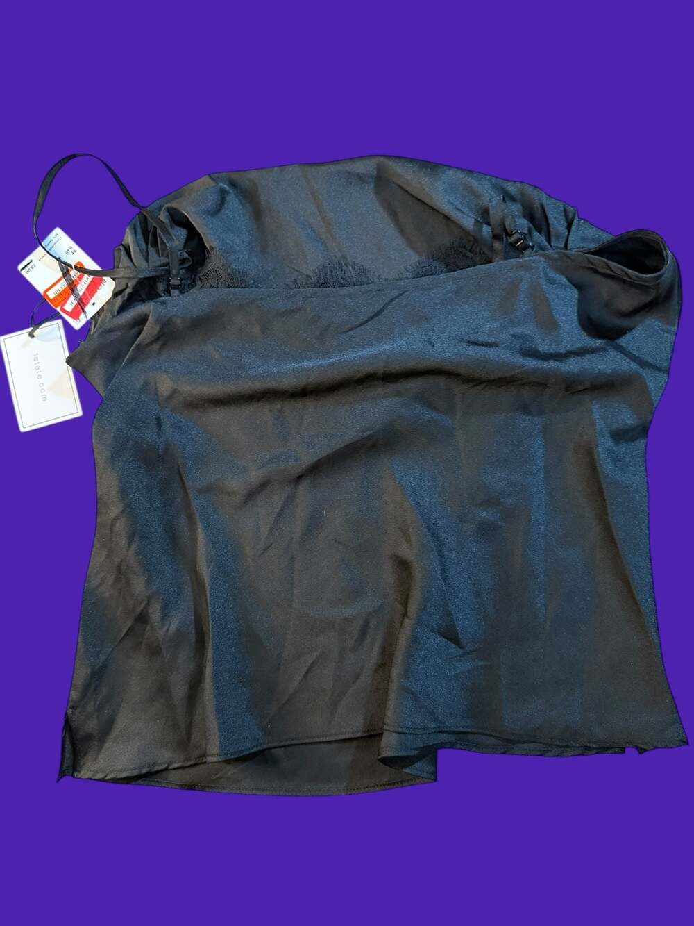 1.STATE Black Satin Cowl Neck Lace Trim Cami Top Medium - Picture 2 of 7